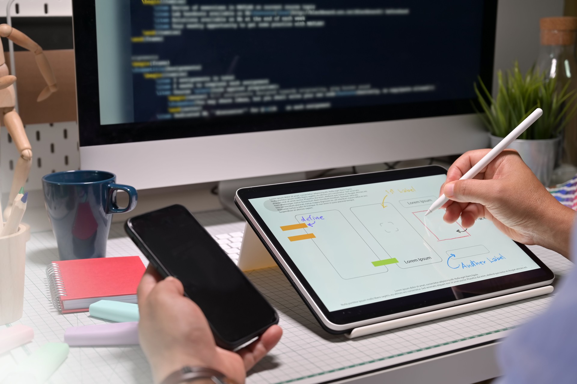 UX designerscreative sketch planning application process development prototype wireframe for mobile application